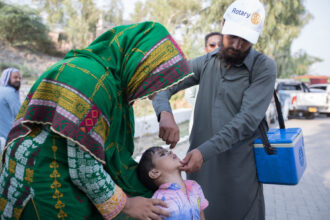 Health workers at a polio-vaccine transit post in Antock, Punjab, Pakistan. The team aims to vaccinate children missed during routine immunization campaigns. 05 August 2019. Building on Rotary's work with the global health community and its GPEI partners, Rotary members in Pakistan build relationships with families that are focused on health care. As part of their commitment to eradicate polio, Rotary clubs sponsor health camps, fund permanent immunizations centers, organize religious leaders to support vaccinations, and train female health workers who visit families regularly. Because Rotary members live in the communities they serve, these relationships allow the work to continue amid the challenges of the campaign.